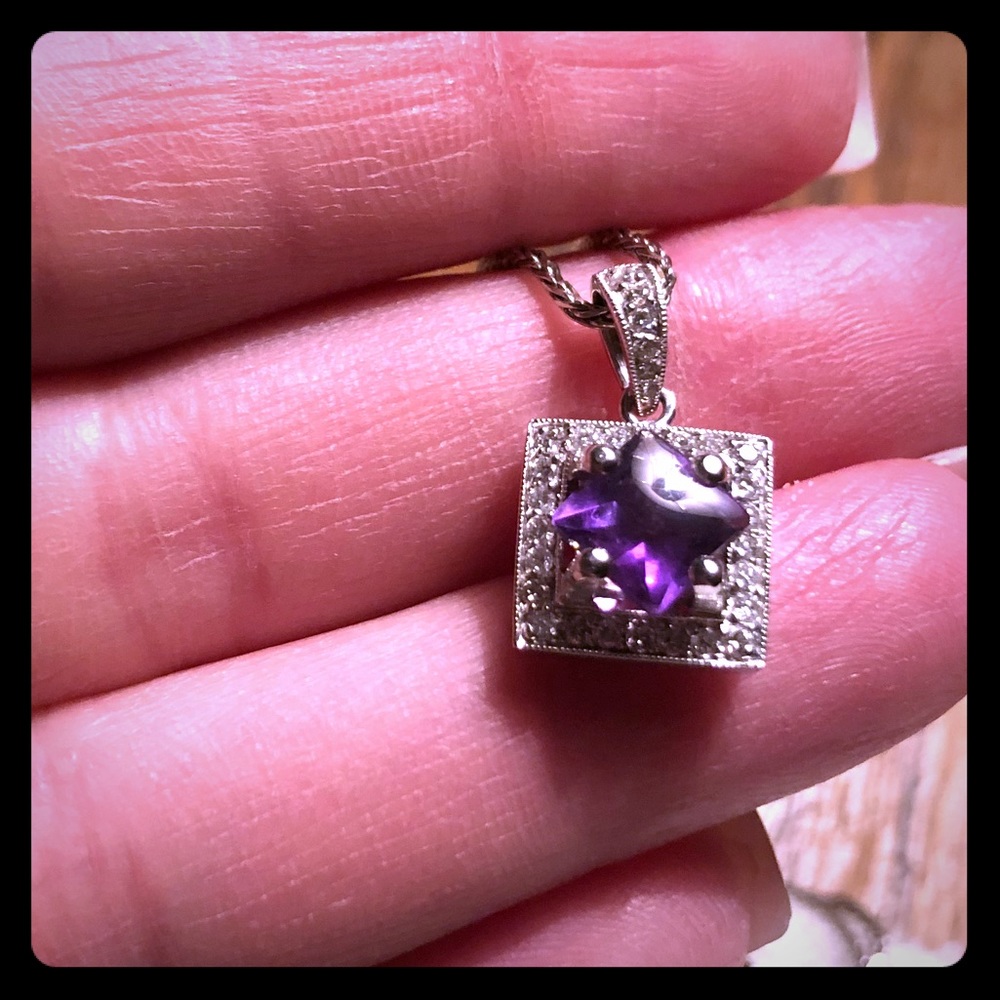 14k White Gold Amethyst and Diamond pendant